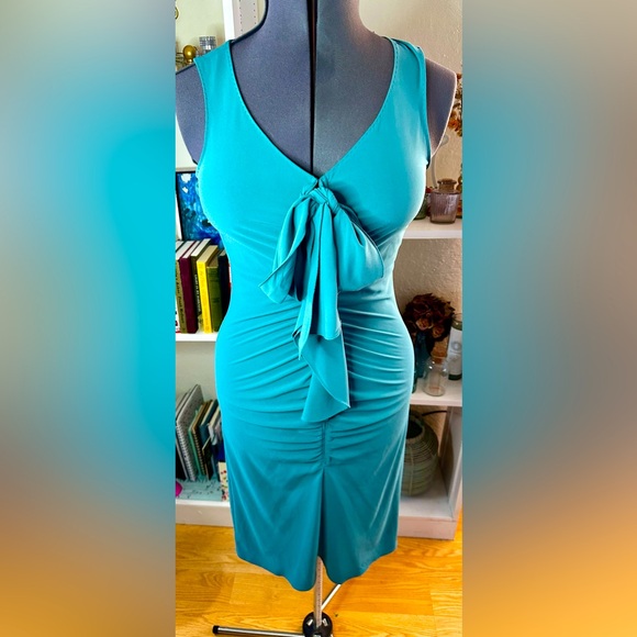 Elie Tahari Turquoise Ruffled Ruched Draped Dress Blue Sz 6 Sexy Flirty Designer - Picture 3 of 11